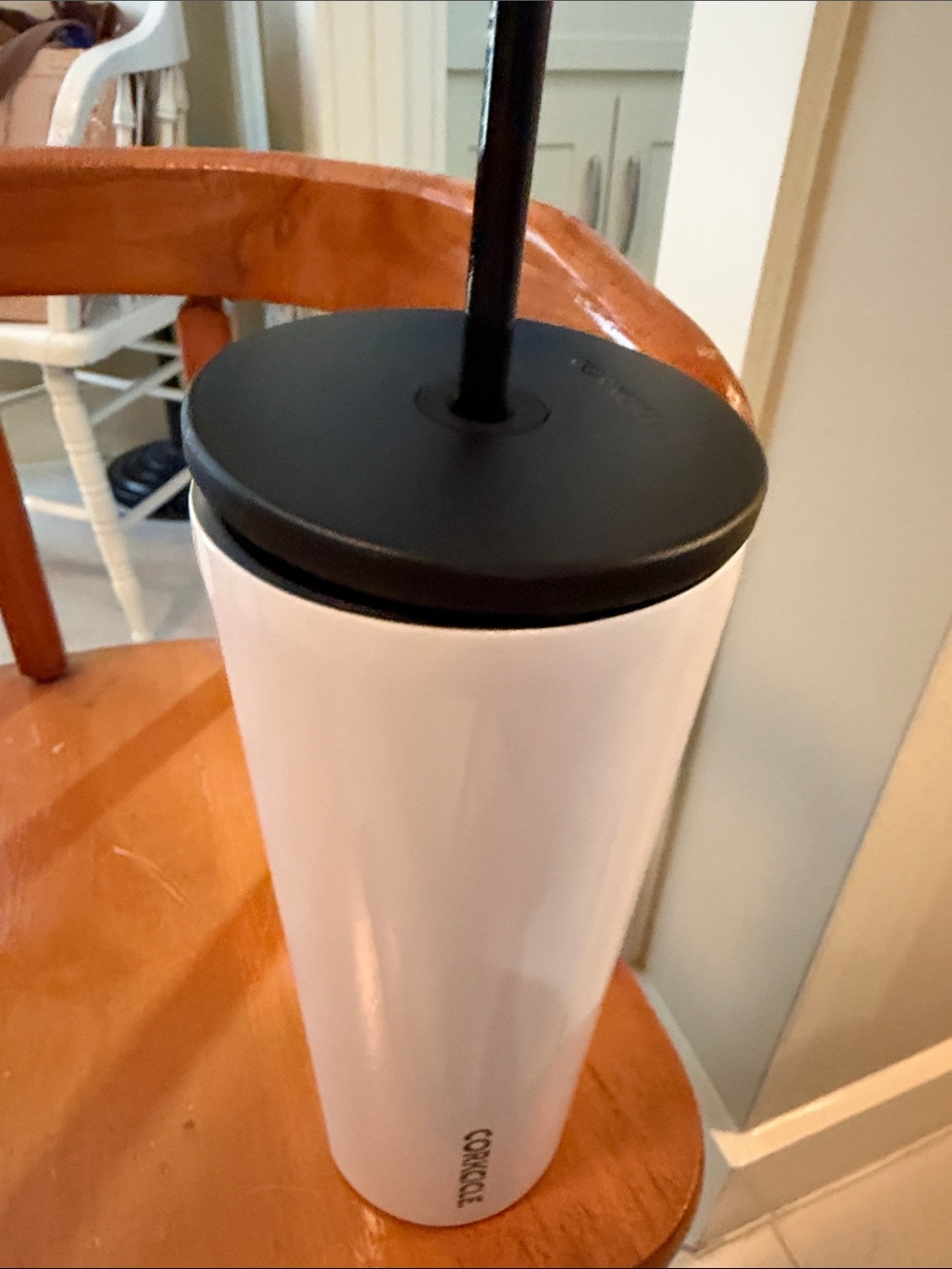 Corkcicle White Tumbler with Black Lid and Straw